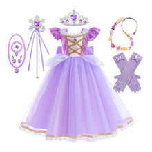 Robe raiponce enfant en tulle violet avec corsage lacé et galon doré pour bal costume princesse enfant