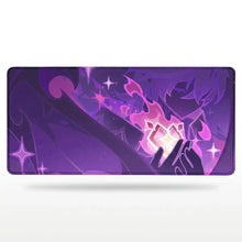 Tapis de souris xxl aventuriers fantastiques violet et rose avec personnage stylisé tenant énergie magique lumineuse