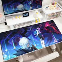 Tapis de souris xxl aventuriers fantastiques bleu et violet avec personnages de genshin impact pour gamers