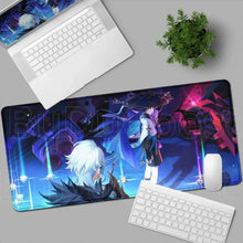 Tapis de souris xxl aventuriers fantastiques bleu et violet avec personnages d anime sur fond cosmique