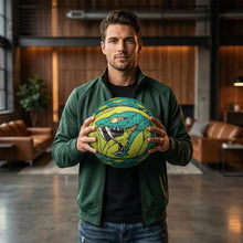 Ballon de basket taille 7 motif python jaune et teal en cuir synthétique avec rainures larges et design serpent agressif