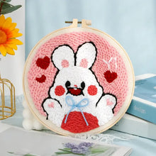 Kit de broderie punch needle avec motif décoratif de lapin rose et blanc en bois rond avec cœurs rouges