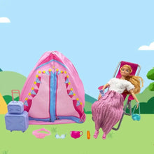 Set de camping miniature 9 pièces pour poupée avec tente rose et bleue en mesh et guirlande décorative pour campement miniature