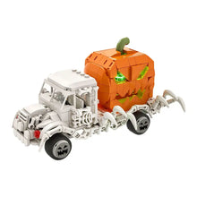 Orange carrosse citrouille en plastique avec yeux verts lumineux monté sur camion squelette blanc jeu de construction carrosse citrouille