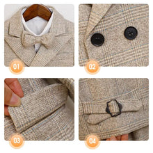 Costume de cérémonie garçon à carreaux beige en laine avec nœud papillon assorti et boutons noirs