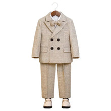 Costume de cérémonie garçon à carreaux beige en laine avec nœud papillon assorti et mocassins élégants 4 pièces
