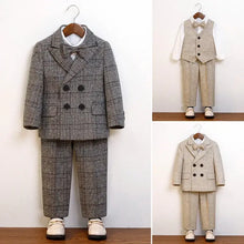 Costume de cérémonie garçon à carreaux gris en 4 pièces avec nœud papillon et pantalon assorti en code longueur précis