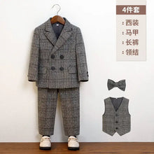 Costume de cérémonie garçon à carreaux en laine grise avec veste croisée, gilet et pantalon assortis, code longueur idéal pour nœud papillon