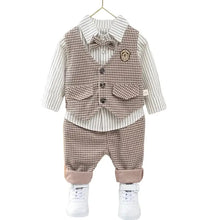 Ensemble de cérémonie garçon beige et marron chemise gilet en pied-de-poule avec pantalon et tailles proposées