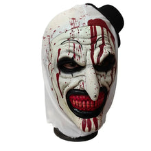 Masque de clown terrifiant en latex halloween blanc avec tâches de sang rouge, taille unique et chapeau haut de forme noir
