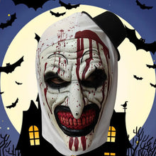 Masque de clown terrifiant en latex halloween blanc avec taches de sang rouges et chapeau haut de forme noir taille unique
