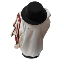Masque de clown terrifiant en latex halloween blanc avec taches de sang et chapeau haut de forme taille unique