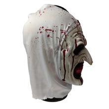 Masque de clown terrifiant en latex halloween blanc texturé avec visage grotesque hurlant et taches de sang taille unique