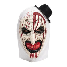 Masque de clown terrifiant en latex halloween blanc avec taches de sang rouge et chapeau haut de forme noir taille unique