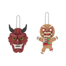 Jeu de construction décoration d’horreur à suspendre avec porte-clés masque diable rouge et bonhomme pain d’épice beige