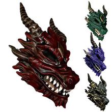 Masque de dragon en latex halloween rouge avec écailles détaillées, cornes pointues, dents blanches, taille unique pour déguisement carnaval