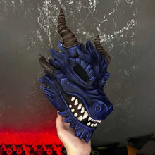 Masque de dragon en latex halloween bleu avec écailles texturées cornes proéminentes et dents blanches taille unique déguisement carnaval