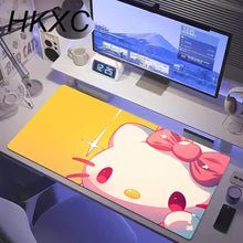 Tapis de souris grand format petit chat kawaii jaune avec motif hello kitty, noeud rose, yeux rouges