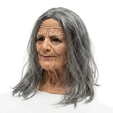 Masque en silicone gris à cheveux gris grand-mère à cheveux avec visage vieilli détaillé pour halloween