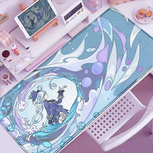 Tapis de souris xxl manga avec illustration vibrante dheroïne aquatique aux cheveux blancs et motif bleu violet