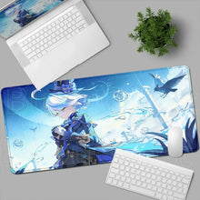 Tapis de souris xxl manga bleu et blanc avec héroïne aquatique argentée et effets d eau et oiseaux