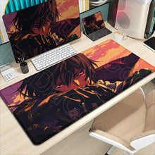 Tapis de souris xxl héroïne aux cheveux verts avec illustration dynamique contre un coucher de soleil orange et violet