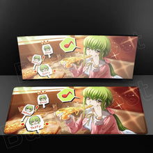 Tapis de souris xxl rectangulaire aux cheveux verts avec illustration anime fille mangeant pizza et bulles de dialogue