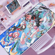 Tapis de souris xxl manga avec illustration animée colorée d idoles urbaines sur fond bleu et teal