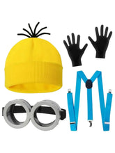 Bonnet en tricot jaune halloween avec pompons en fil noir pour déguisement halloween jaune complet