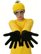 Bonnet jaune en maille avec touffe de cheveux noire pour déguisement halloween jaune kit complet