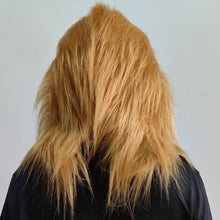 Masque de lion en latex halloween pour adulte avec capuche en fausse fourrure volumineuse jaune au texture shaggy