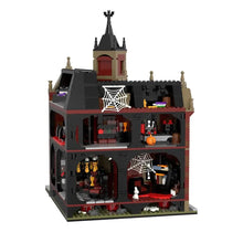 Jeu de construction maison de la terreur en plastique abs noir et rouge avec décor d’halloween et architecture gothique détaillée