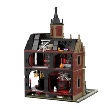 Jeu de construction maison en plastique ABS rouge et noir avec décor d’halloween et toile d’araignée détaillée