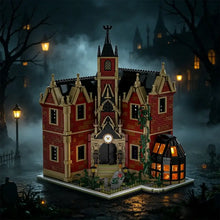 Jeu de construction maison de la terreur en plastique abs rouge et beige avec toit noir et décor d’halloween effet lanterne