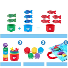 Jeu de pêche en tissu avec cinq gobelets à empiler colorés, poissons en plastique et sac de rangement robuste