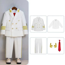 Déguisement de pilote enfant blanc avec épaulettes dorées et boutons, disponible aussi en bleu marine code longueur