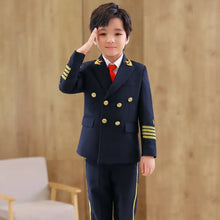 Déguisement de pilote enfant bleu marine double boutonnage avec épaulettes dorées et galons pour costume uniforme