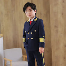 Déguisement de pilote enfant bleu marine avec épaulettes dorées et insigne étoile pour code longueur enfant