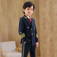 Déguisement de pilote enfant bleu marine avec épaulettes dorées et insigne étoile code longueur standard