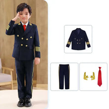 Déguisement de pilote enfant bleu marine avec uniforme à boutons dorés et code longueur pour enfants