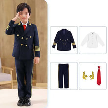 Déguisement de pilote enfant bleu marine avec boutons et galons dorés code longueur uniformes bleu ou blanc
