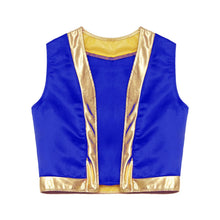Gilet satin royal bleu vif à détails dorés et doublure jaune pour déguisement de prince oriental enfant
