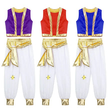 Déguisement de prince oriental enfant avec gilet et pantalon blanc détail dorés en violet, rouge et bleu avec étoile jaune
