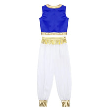 Déguisement de prince oriental enfant avec gilet en satin bleu détails dorés et pantalon blanc à taille à franges et poignets dorés