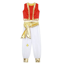 Déguisement de prince oriental enfant avec gilet rouge et doré sans manches, pantalon blanc et ceinture métallique brillante nouée en nœud