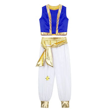 Déguisement de prince oriental enfant avec gilet bleu et or, pantalon blanc et ceinture métallique brillante nouée en noeud