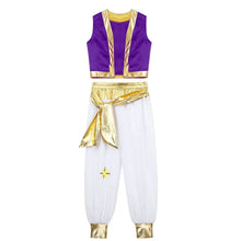 Déguisement de prince oriental enfant avec gilet violet et doré sans manches et pantalon blanc orné de détails dorés