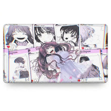 Tapis de souris xxl romance fleurie manga avec illustration animée fille cheveux violets en robe blanche et icônes sociales