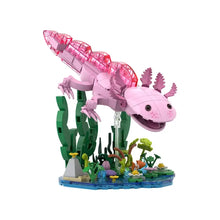 Jeu de construction salamandre rose en blocs plastique translucides et solides avec détails gills et nageoires