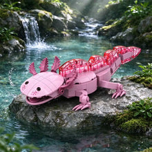 Modèle en lego salamandre rose avec branchies translucides rouges et détails faciaux en 319 pièces de construction salamandre rose